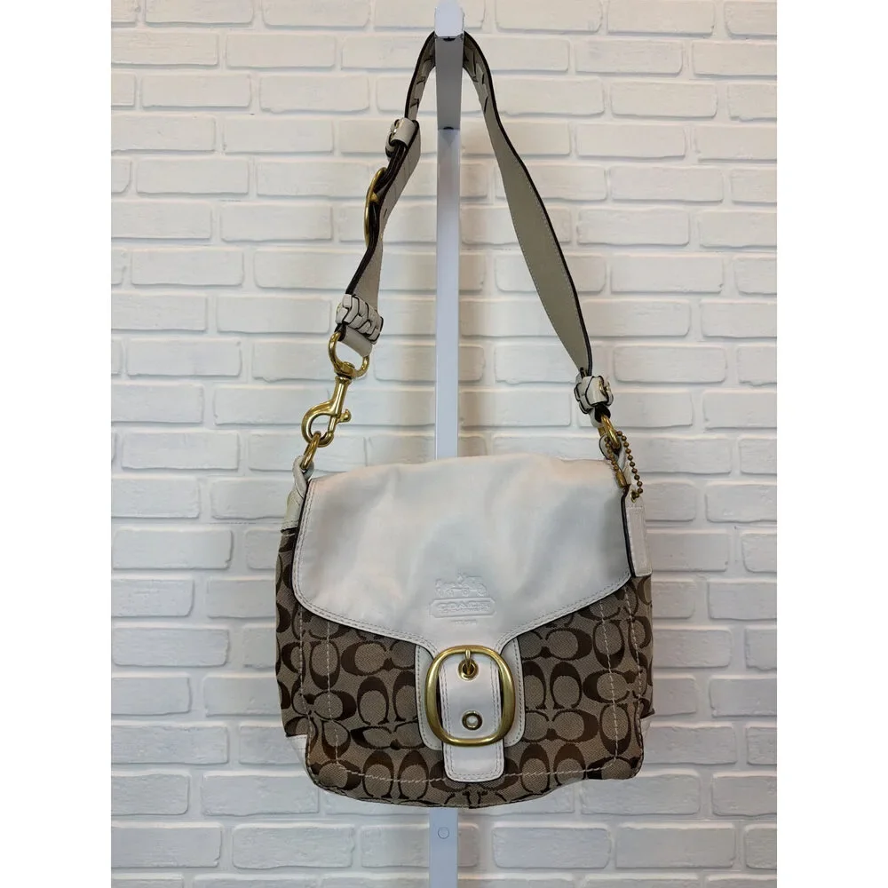 Coach Signature Jacquard Flap Shoulder Bag Beige White Crossbody